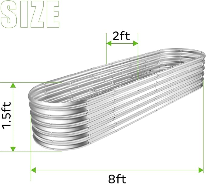 Land Guard 8×2×1.5ft Galvanized Raised Garden Bed Kit, Raised Garden Boxes Outdoor, Oval Metal Raised Garden Beds for Vegetables, Silver