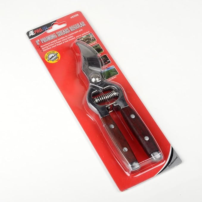 ATE Pro. Tools USA - Bypass Garden Pruning Shears - Heavy Duty, Professional Garden Shears, Wooden Handle, Stanless Steel, Garden Clippers, Rose Trimmers, Heat Treated, Mirror Polish, 8" Hand Pruners