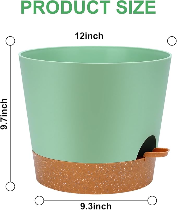 12 Inches Indoor Self Watering Planters with Drainage Holes and Saucers, 4 Pack (Green)