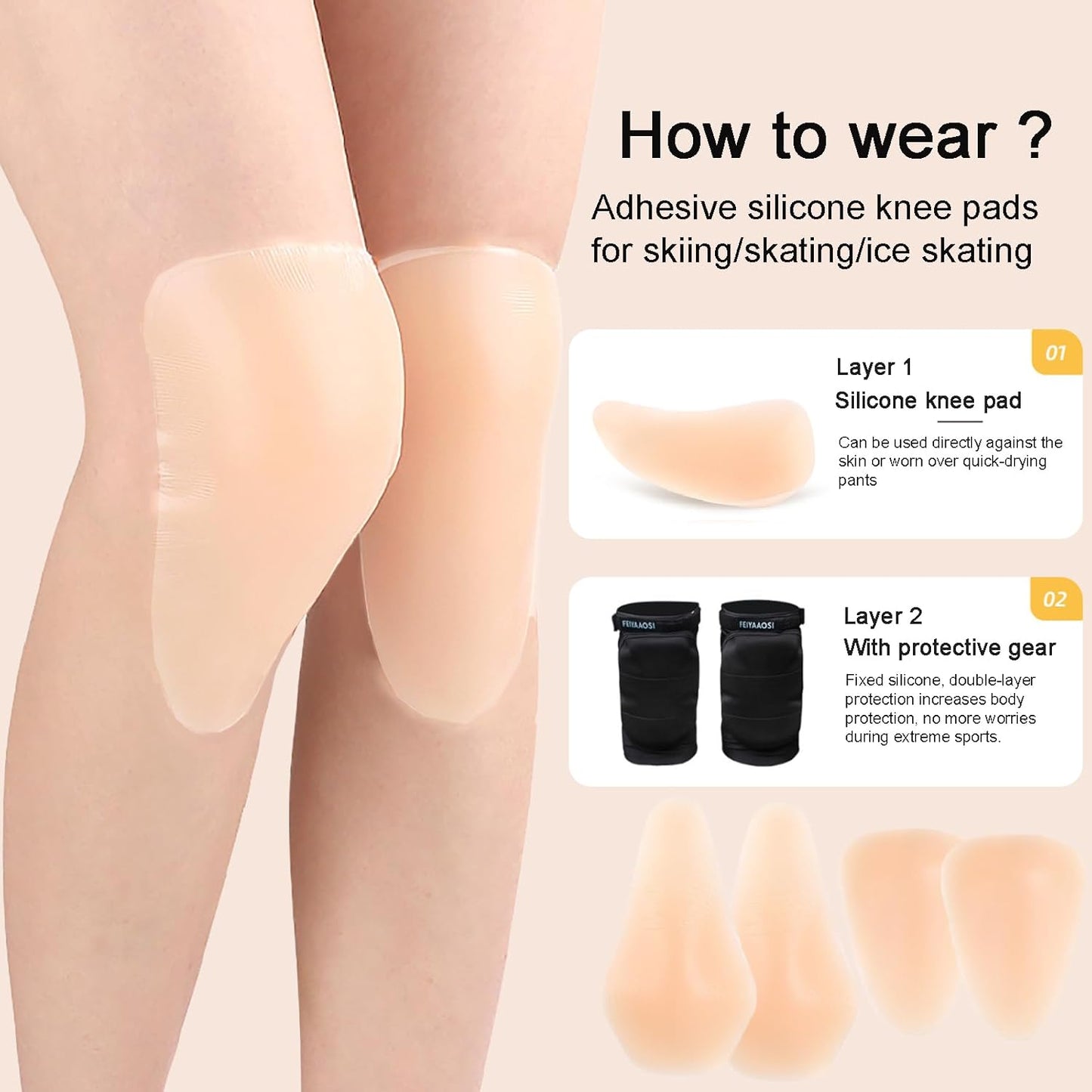 Silicone Knee Pads,Adhesive Knee Brace KneePad for Skiing Skating,Snowboarding,Ateboarding,Roller Skating,Rollerblading,Dancing,Unisex,Light Skin,L