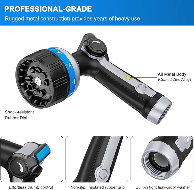 FANHAO Heavy Duty Garden Hose Nozzle, Metal Water Hose Sprayer with 10 Spray Patterns, Thumb Control, On Off Valve, High Pressure Water Nozzle for Plants Watering, Car and Pet Washing, Blue