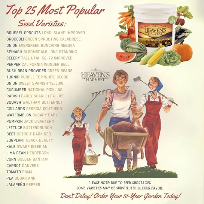 Heaven’s Harvest “10 Year Garden” Survival Seed Bank Kit | Over 75k Non GMO Heirloom Vegetable Survival Seeds + 2 Free Bonus Items: Clyde’s Garden Planner + Seed Vault Storage Drum for 10 Year Storage