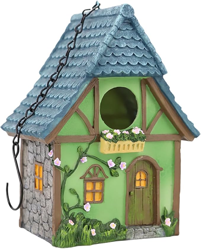 Cottage Garden Birdhouse – Green Resin Outdoor Decorative Bird House with Flower and Stone Details, Weatherproof for Backyard or Porch