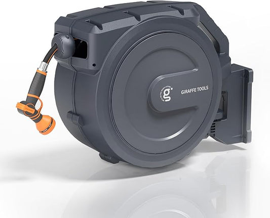 Giraffe Tools AW30 Retractable Garden Hose Reel 5/8inch x 62ft Hose Reels for Outside, with 9- Function Sprayer Nozzle, Any Length Lock/Slow Return System/Wall Mounted/180°Swivel Bracket