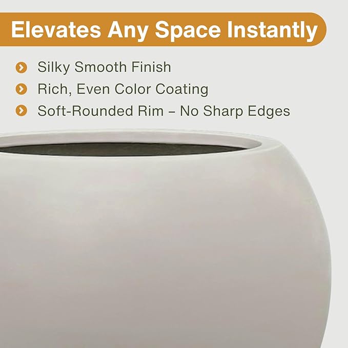 9.7" H x 12" D Globo Fiberstone Round Planter with Drainage Hole, Weather Resistant, Smooth Finish, Planters for Indoor Plants & Outdoor, 2 Extra Coco Mats (Taupe, 7.8" Pot Opening)