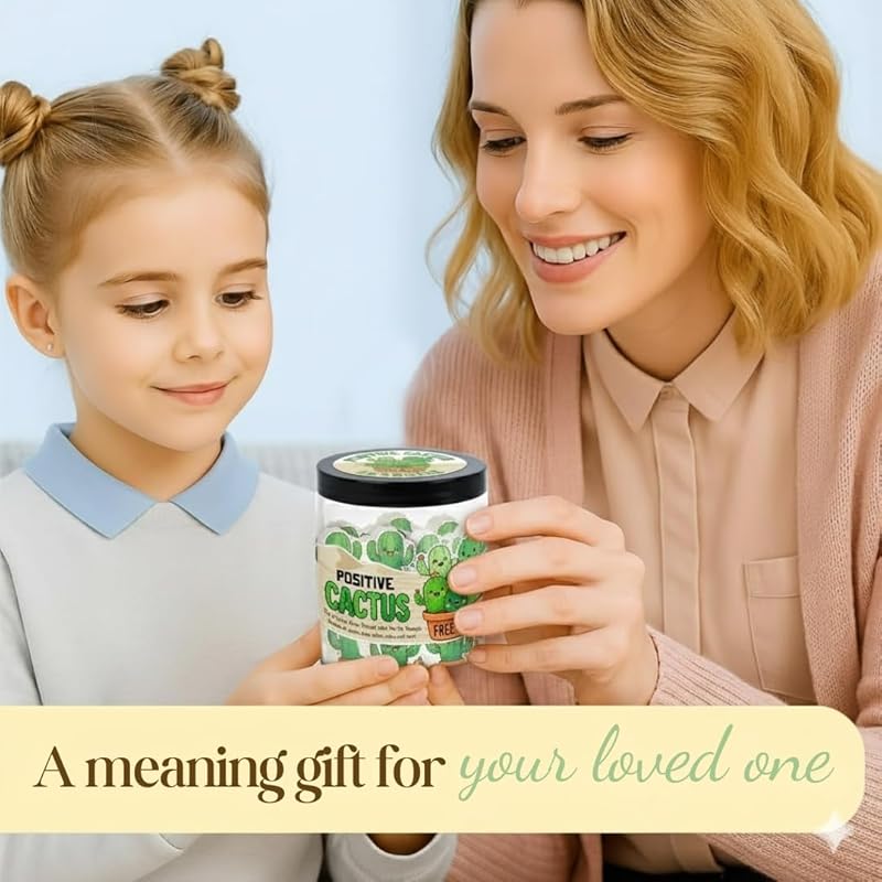 Positive Cactus Jar with 60 Daily Affirmation Cards, Emotional Support Cactus Gifts, Stress Relief, Motivational Gift, Cactus Plushies, Mini Plant Decor, Funny Gifts for Women, Positive Cactus Toy