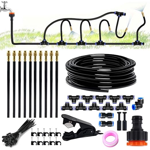 32.8FT/10M 1/4 Inch Tubing Drip Irrigation System Kit Automatic Garden Irrigation Equipment Adjustable Quick Connector Watering Misting for Outdoor Yard Lawn Raised Bed Greenhouse