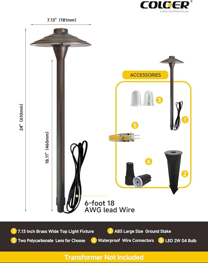 COLOER Brass Low Voltage Walkway Lights for Outside Bronze Finish 2-Pack with LED G4 Bulb,9-17V AC/DC 2W 2700K Warm White Outdoor Landscape Path Lights for Garden,Yard,Sidewalk or Driveway(601B)