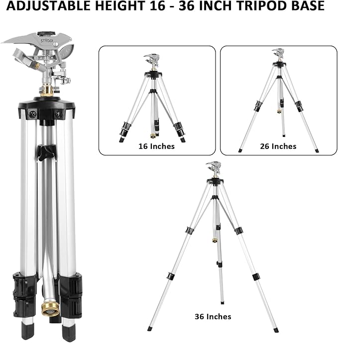 STYDDI Heavy Duty Impact Sprinkler on Tripod Base, Tall Metal Pulsating Telescoping Tripod Sprinkler for Large Area, Yard, Lawn, Garden, Waters up to 70 Ft. Diameter, Legs Extends Up to 36-inch