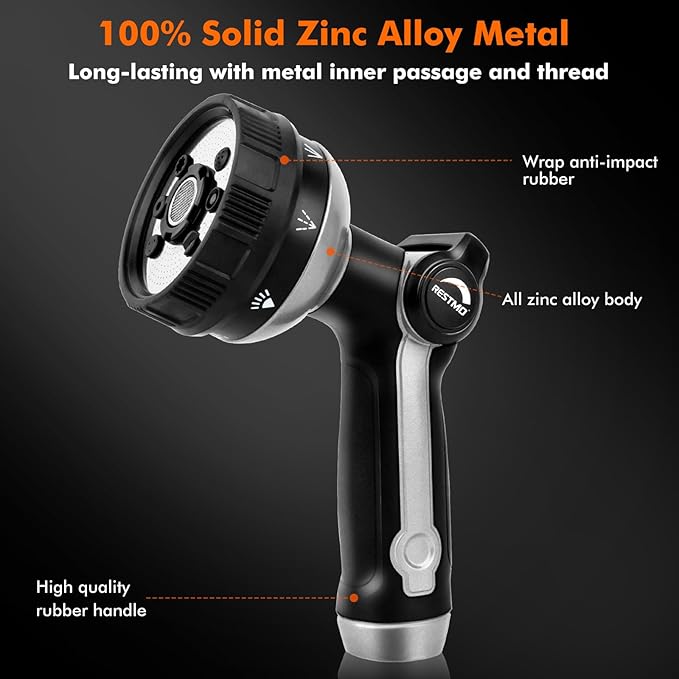 RESTMO Full Shower Hose Nozzle, Metal Spray Nozzle for Garden Hose, 8 Spray Patterns, Water Hose nozzle with Thumb Control, Ideal for Outdoor Lawn & Plant Watering, Car & Pet Washing, Silver