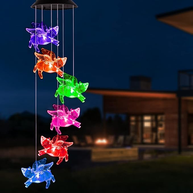 ME9UE Color Changing Flying Pigs Wind Chimes Gifts Portable Waterproof Mobile Romantic Fly Pigs Windchime, LED Solar Pig Wind Chimes Lights Gift for Mom, Festival, Patio, Garden, Outdoor Decoration
