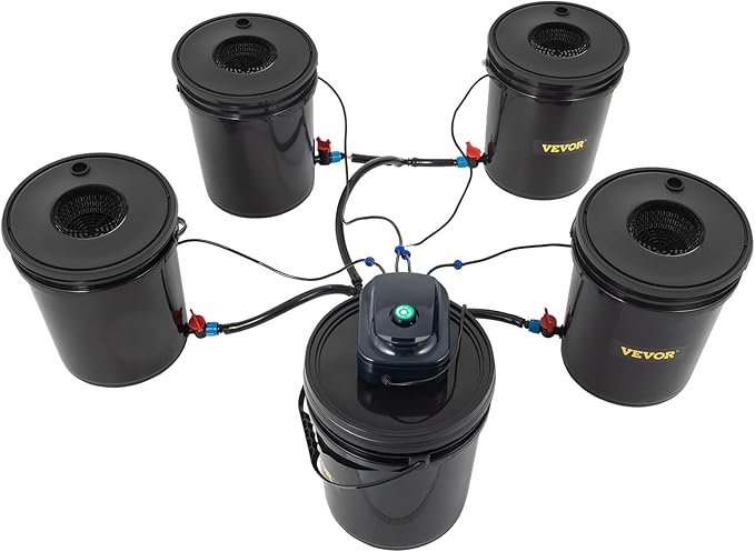 VEVOR DWC Hydroponic System, 5 Gallon 5 Buckets, Deep Water Culture Growing Bucket, Hydroponics Grow Kit with Pump, Air Stone and Connected Reservoir, for Indoor/Outdoor Leafy Vegetables