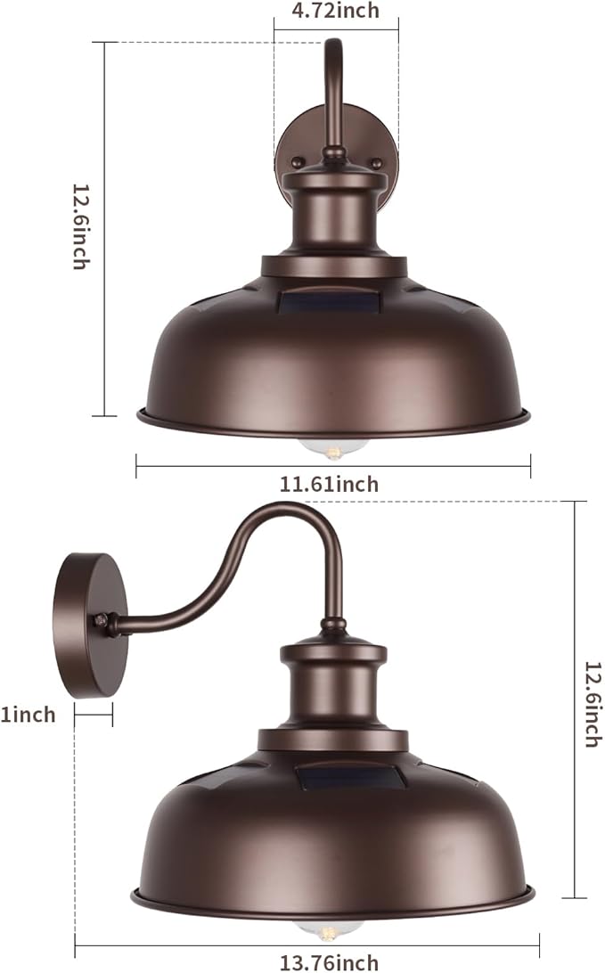 Solar Barn Light for Outside, Gooseneck Outdoor Wall Lights Solar Powered, Farmhouse Exterior Wall Sconce, Industrial Outside Lighting Fixture, Rustic Lantern for Garage, Barn, Shed, RZSR007 OW