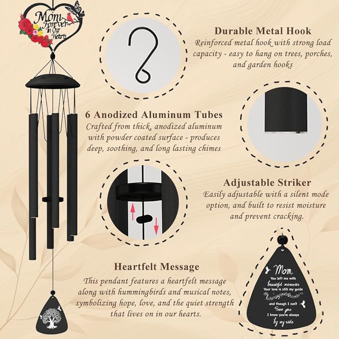 Memorial Gifts for Loss of Mom, 36" Sympathy Wind Chimes for Loss of Mother, WindChimes in Memory of a Loved One, Remembrance/Condolence/Bereavement Gifts in Memory of Mom