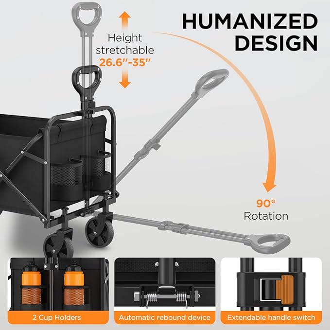 Collapsible Wagon Cart Foldable Beach Wagon with All-Terrain Wheels - 380 LBS Heavy Duty Grocery Cart for Shopping, Beach, Camping, Sports, Garden (Black)