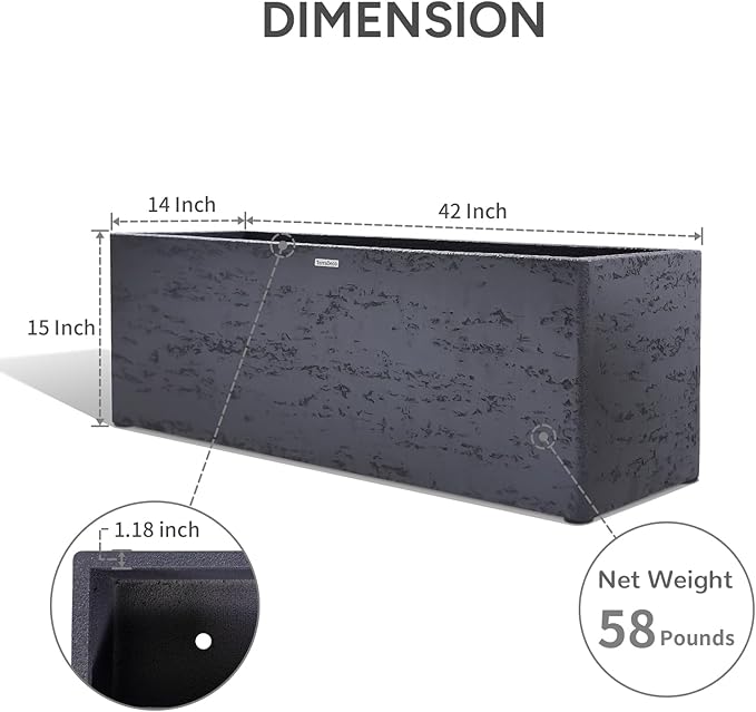 42 Inch Rectangular Concrete Planter(42Lx14Wx15H,58 Pounds),Durable All-Weather Use with Drainage Holes,Large Rectangular Planter for Outdoor Indoor Plants