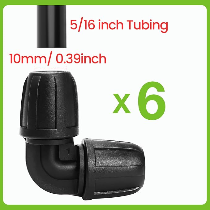 Bonviee 6 Pack 5/16” Drip Irrigation Elbow Connectors, 90° Barbed Lock Fittings for 5/16 Inch Tubing, Leak-Proof Corner Connector for Garden Hose Layout, Irrigation System Repair and Setup