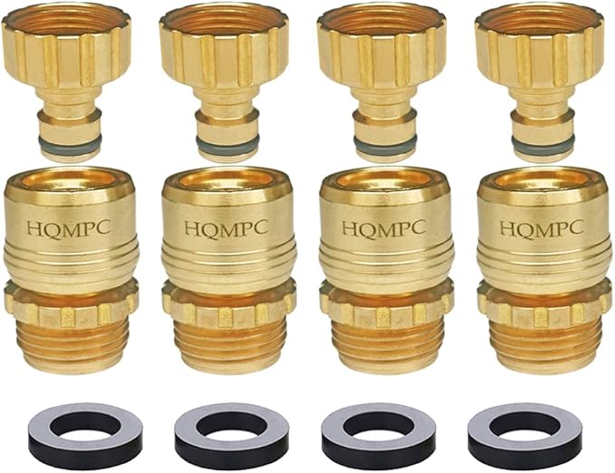 HQMPC Garden Hose Quick Connect No Pb Solid Brass Quick Connector Garden Hose Fitting Water Hose Connectors 3/4 inch GHT (4)