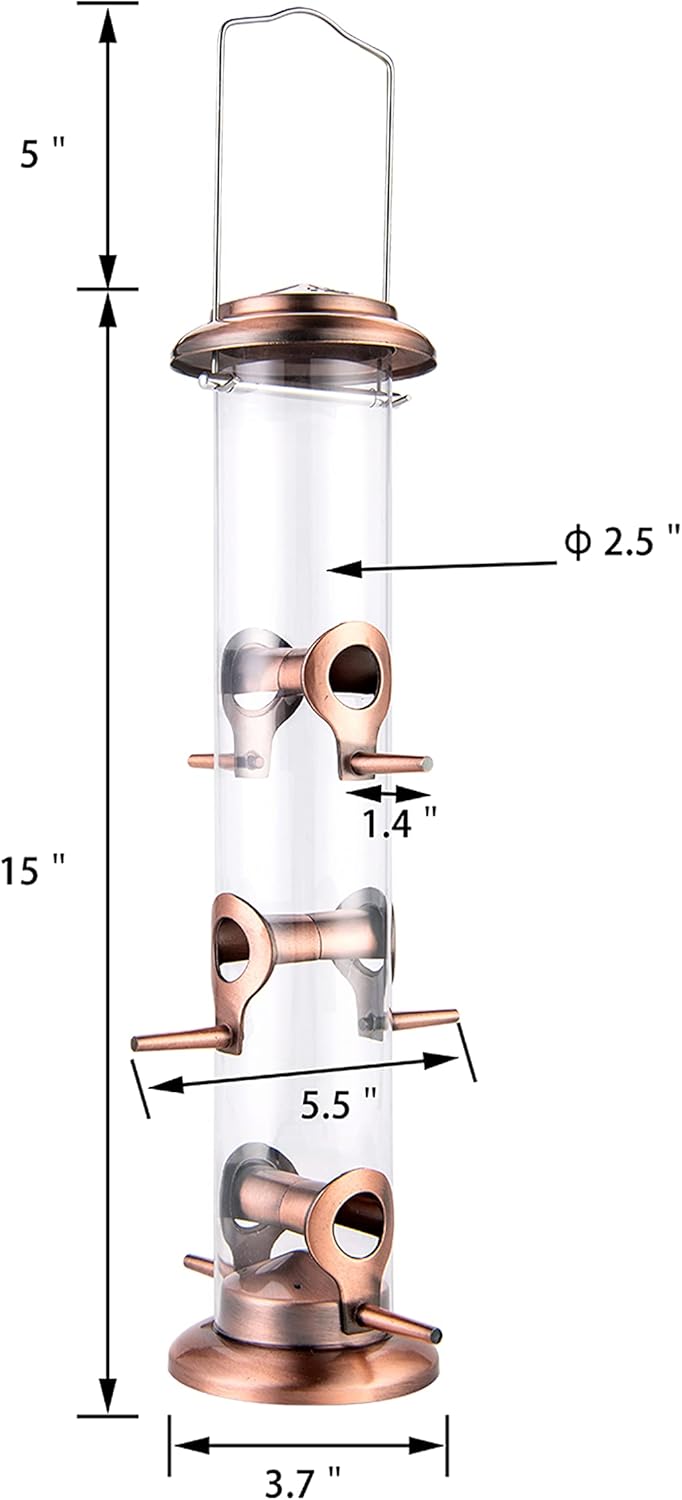 iBorn Metal Bird Feeders Brushed Copper Wild Bird Feeder for Outdoors Hanging All Metal Brushed Copper Finishing 14 Inch 6 Port,Pack of 2