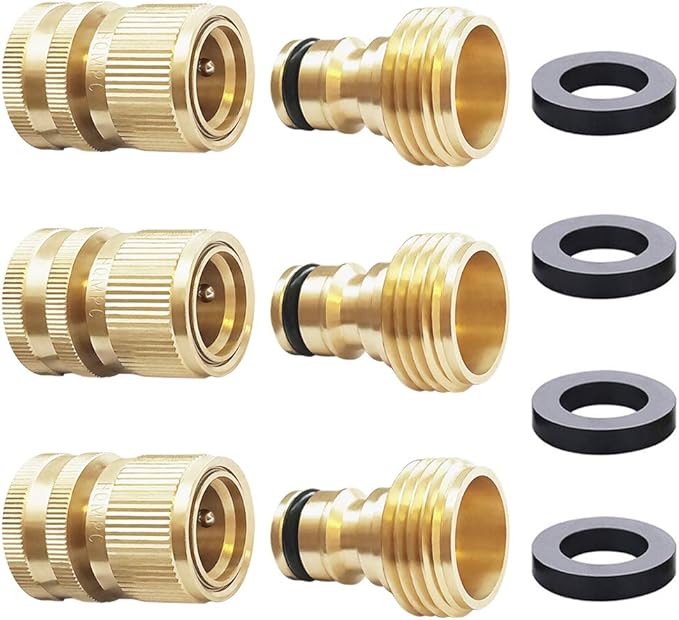 HQMPC Garden Hose Quick Connect Solid Brass Quick Connector Garden Hose Fitting Water Hose Connectors 3/4 inch GHT (3 SETS)