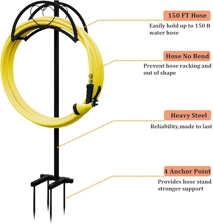 Garden Hose Holder Freestanding Hose Holder Heavy Duty Metal Detachable Hose Reel Stand Water Hose rack For Outside (Black, 15.35 * 6.3 * 41.34)