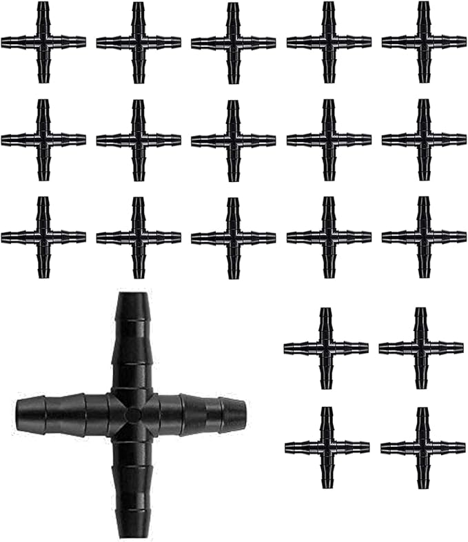 BEADNOVA Drip Irrigation Connectors 20 Pcs 1/4 Inch Barbed 4 Way Couplings Irrigation Connectors for 1/4 Inch Drip Tubing Water Tubing Gardening Supplies (20pcs)
