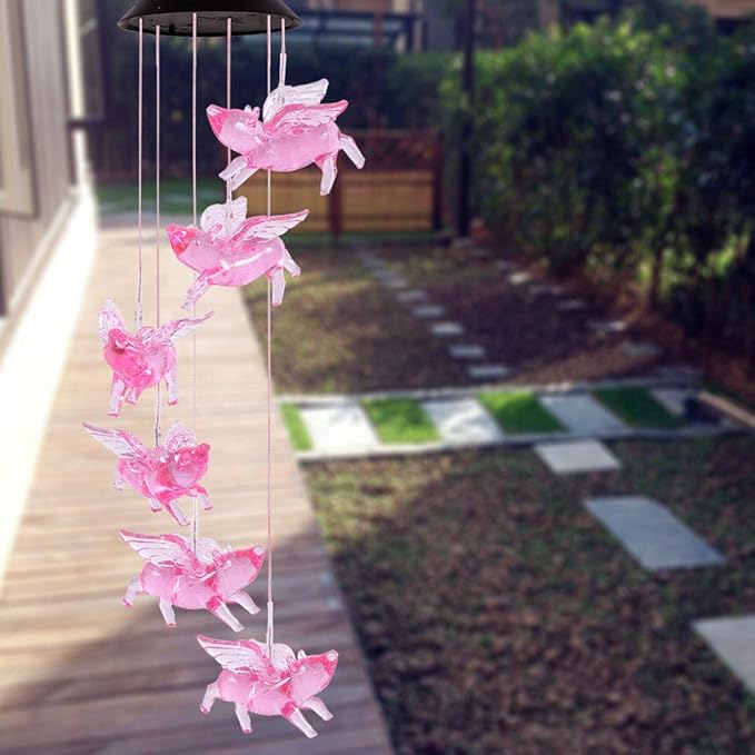 ME9UE Color Changing Flying Pigs Wind Chimes Gifts Portable Waterproof Mobile Romantic Fly Pigs Windchime, LED Solar Pig Wind Chimes Lights Gift for Mom, Festival, Patio, Garden, Outdoor Decoration
