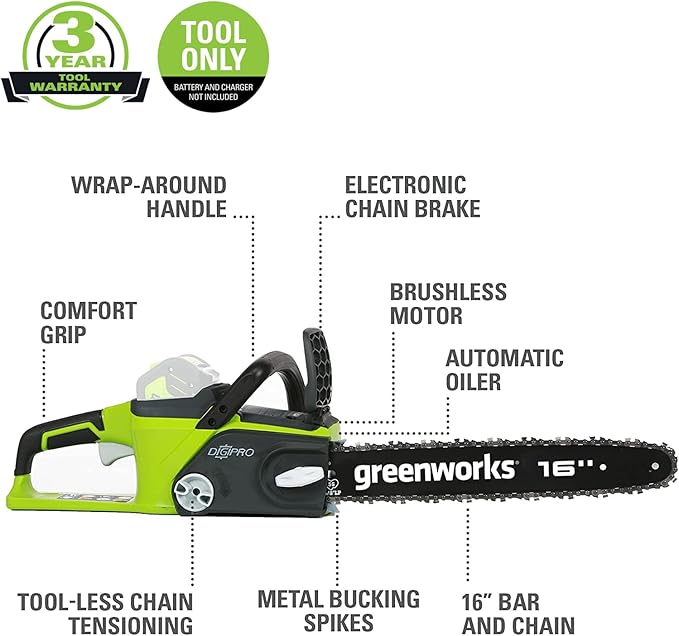 Greenworks 40V 16" Brushless Cordless Chainsaw (Great For Tree Felling, Limbing, Pruning, and Firewood / 75+ Compatible Tools), Tool Only