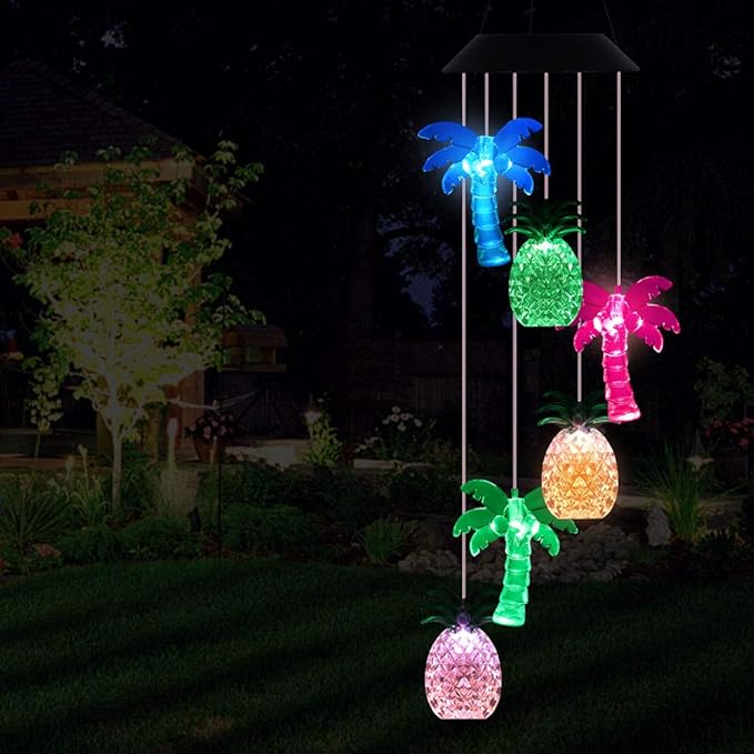 LED Solar Coconut Tree Pineapple Wind Chimes Outdoor - Waterproof Solar Powered Changing Color Palm Tree Pineapple Wind Chime Light for Home, Party, Festival Decor, Night Garden Decoration