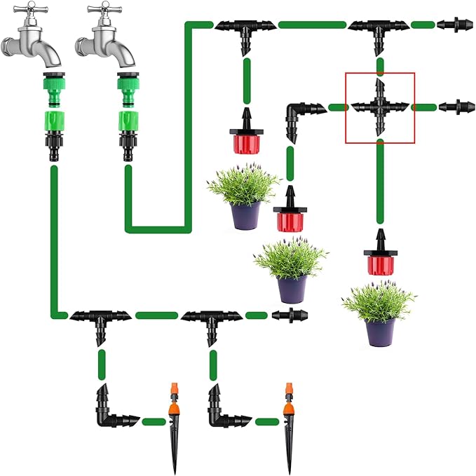 1/4" Drip Irrigation Cross Fittings, 45 Pieces Barbed 4-Way Cross Irrigation Parts for 1/4 Inch Drip Tubing, Drip Line 4-way Tee Connectors T Parts for Sprinkler Garden Lawn