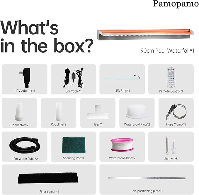 Pond Waterfall Spillway Stainless Steel Pool Fountain, APP Control LED Lighted Waterfalls Kit, Outdoor Water Flow Waterfalls Kit for Garden Patio Koi Pond Decoration-35.4"x7.8"x3.9"