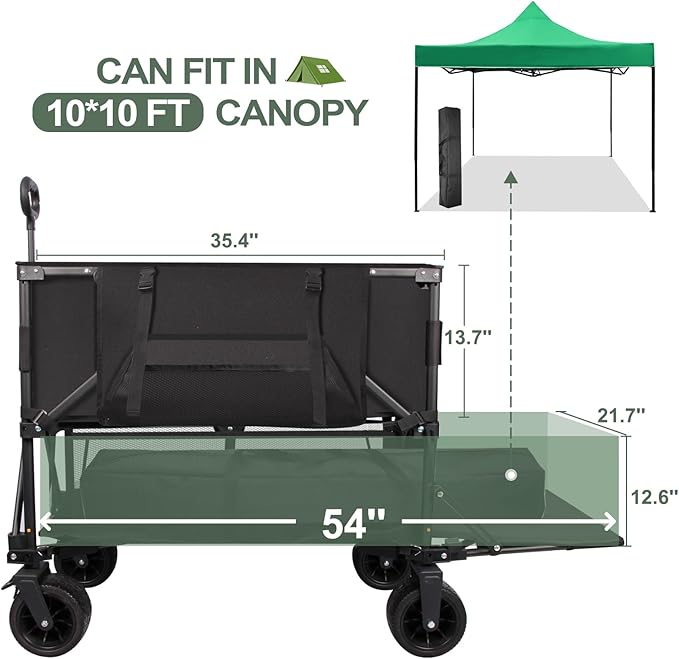 Double Decker Wagon Heavy Duty Collapsible, 600LBS 400L Capacity Foldable Utility Cart with Big Wheels for Beach, Outdoor, Camping & Gardening, Durable Steel Frame