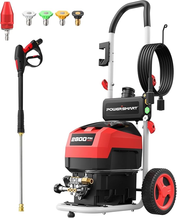 PowerSmart 2800 PSI Electric Pressure Washer with 2.0 GPM, 8" Wheels, 5 Nozzles & 1.5L Foam Tank for Patio, Car, Driveway, Fence and Home Cleaning