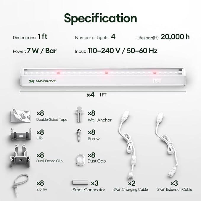 Plant Grow Lights 1FT, Red-Enhanced Full Spectrum 5000K, 28W(4 x 7W), T5 LED Grow Light Strips for Leafy Greens and Vegetables, High PPFD, Linkable, White, 4-Pack