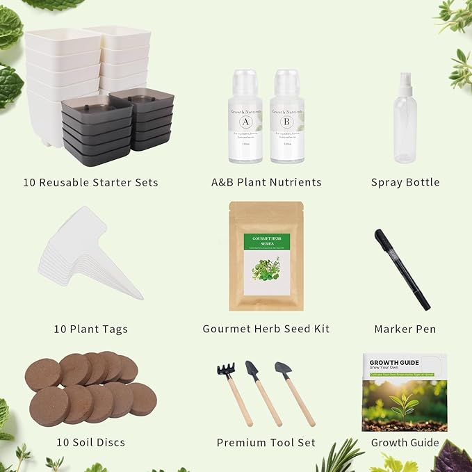 10-Set Indoor Herb Garden Starter Kit, 7 Seeds Growing into Basil, Parsley, Thyme, Mint, Cilantro, Dill, Oregano Including 10 White Pots, Markers, Nutritional Soil, Ideal Christmas Gifts for Women