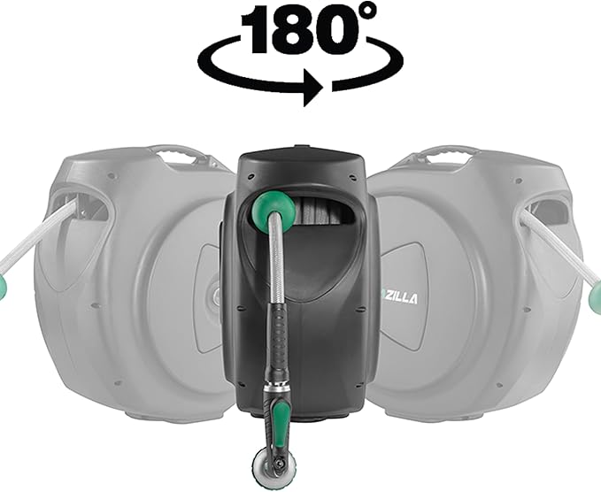 Retractable Garden Hose Reel, 100Ft x 1/2" Durable Wall Mounted Water Hose Reel with 180¡ãSwivel Bracket, 9 Pattern Sprayer, 6Ft leader hose,Smooth Automatic Rewind, Any Length Lock.