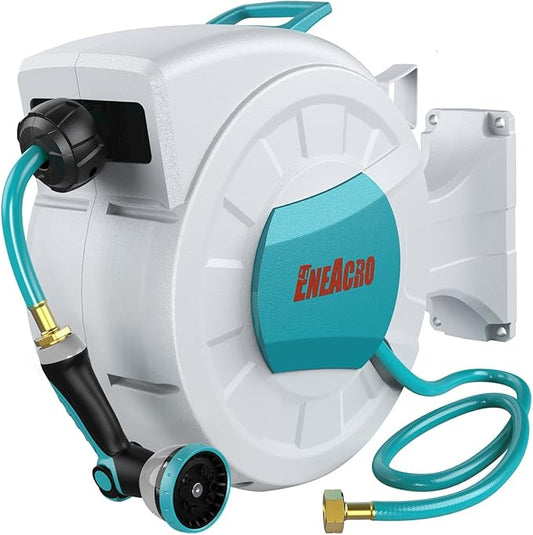 ENEACRO Retractable Garden Hose Reel with Wall Mount 5/8"×66FT with 10 Pattern Hose Nozzle, Brass Connector, Auto Rewind/Any Length Lock/ 180° Swivel Bracket, Ideal for Garden Watering