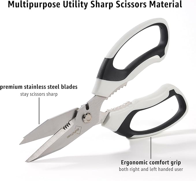 8-Inch Heavy Duty Utility Scissors All Purpose, Serrated Blade, White Comfort Grip for Cutting Carpet, Cardboard, Leather, Fabric, Multipurpose Sharp Shears for Kitchen, Garden, Office, Carft