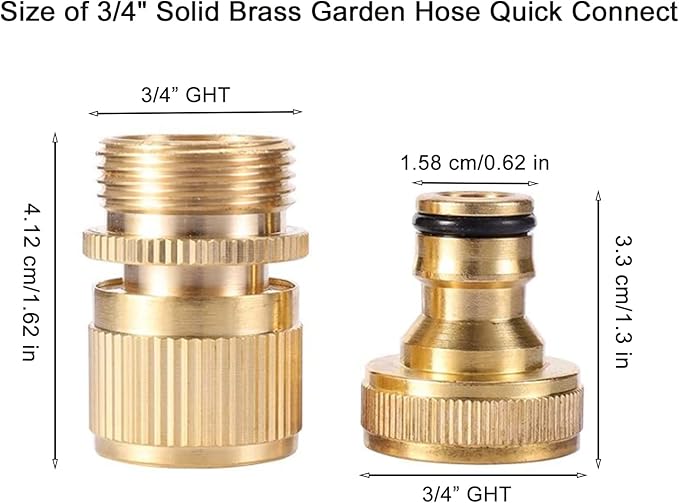 Garden Hose Quick Connector, Solid Brass 3/4 inch GHT Thread No-Leak Water Hose Fittings for Quick Connect and Release, Male and Female Garden Hose Adapter (2 Pack)