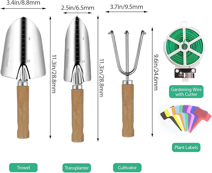 LeMotech Garden Tool Set, 3Pcs Stainless Steel Heavy Duty Gardening Kit Including Trowel Transplanter Cultivator Gardening Hand Tools with Handle, Planting Tool for Women Men