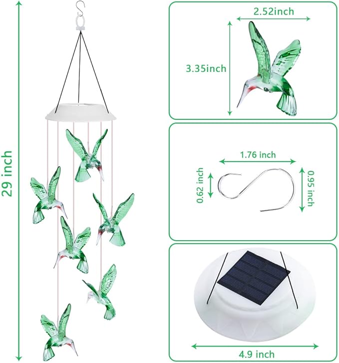 Fohil Solar Hummingbird Wind Chimes, Color Changing Solar Wind Chimes for Outside, LED Waterproof Solar Powered Hanging Lights Outdoor Valentine Decorations, Gifts for Women Mom Grandma