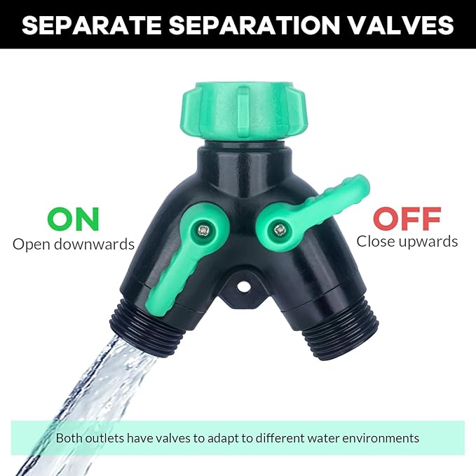 Garden Hose Splitter 2 Way Heavy Duty Plastic, for 3/4" Water Hose Splitter, Hose Y Splitter with Shutoff, Comfortable Grip, Easy Installation, with 2 Extra Leakproof Rubber Washers 1 Tape