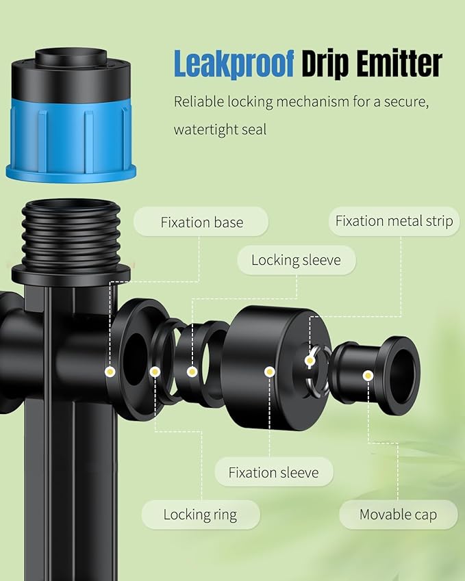 Pawfly 30 Pcs Push-to-Fit Drip Irrigation Emitters for 1/4 Inch Tubing, Two-Way Connection Irrigation Drippers with Adjustable 360 Degree Water Flow, Drip Emitters Sprayers with Stake & End Plugs