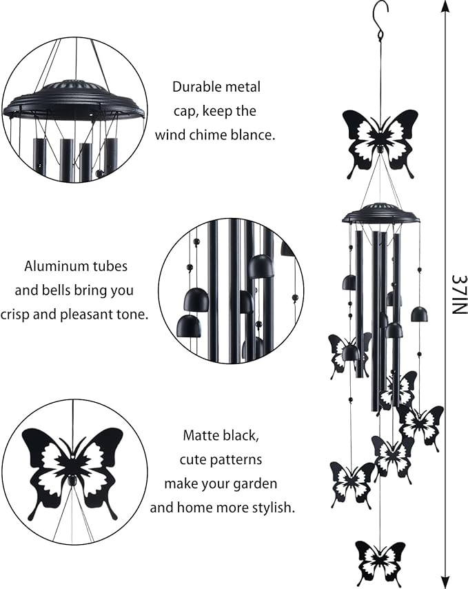 Butterfly Wind Chimes for Outside, Metal Windchimes Outdoors Clearance with 4 Aluminum Tubes, Garden Patio Yard Home Decor, Butterfly Gifts for Pet Lovers Mom Grandma, Unique Festival Birthday Gift