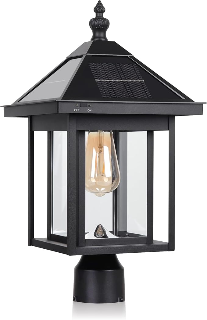KMC Lighting ST4343Q-B Solar Post Light Outdoor Waterproof Black Aluminum Upgrade 300 LM for Post Lawn Yard Pathway Garden Entryways Decoration