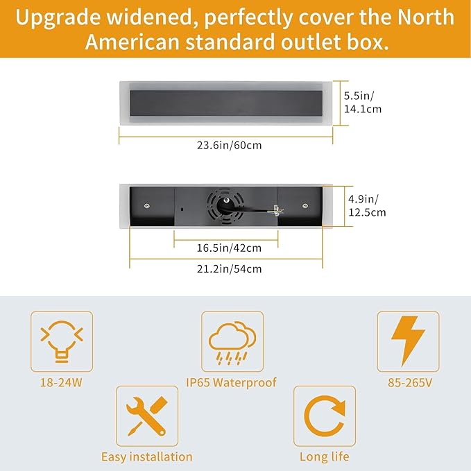 Upgrade Widened 2 Pack Modern LED Wall Sconce, 23.6inch Outdoor Wall Lights, 3000K Warm White, 24W, IP65 Waterproof, Black Long Linear Wall Mount Lighting, Outside Exterior Light for Garage, Patio