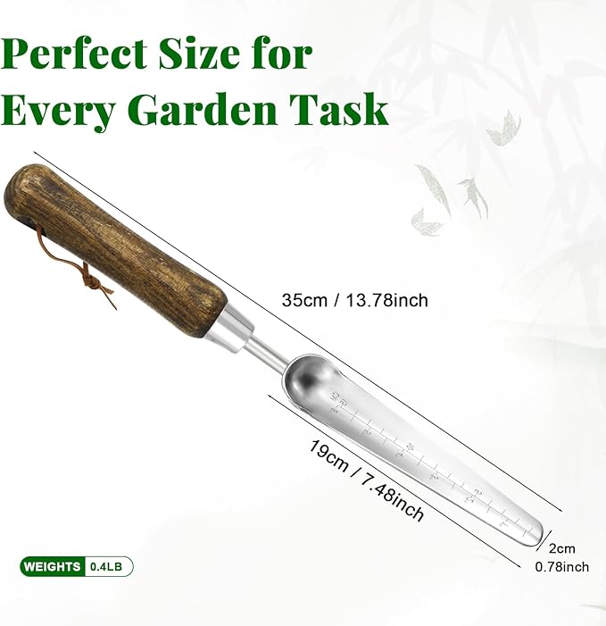 Narrow Stainless Steel Garden Trowel with Wood Handle - Heavy Duty Hand Shovel for Precise Planting, Weeding, Digging & Transplanting - Ergonomic Gardening Tool with Depth Markings