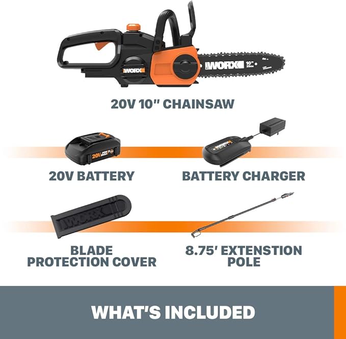Worx WG323 20V Power Share 10" Cordless Pole/Chain Saw with Auto-Tension (Battery & Charger Included)