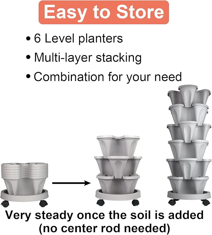 Vertical Planter 6 Tier Stackable Planters Garden Planters Strawberry Herb Flower and Vegetable Planter Indoor Outdoor Gardening Pots with Removable Wheels and Tools 2-Pack