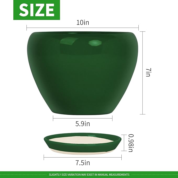 Deep Dream 10 Inch Plant Pot- Ceramic Planter Pot Round Plant Pots for Indoor Plants Outdoor Large Flower Pot with Drainage Holes & Trays, Green